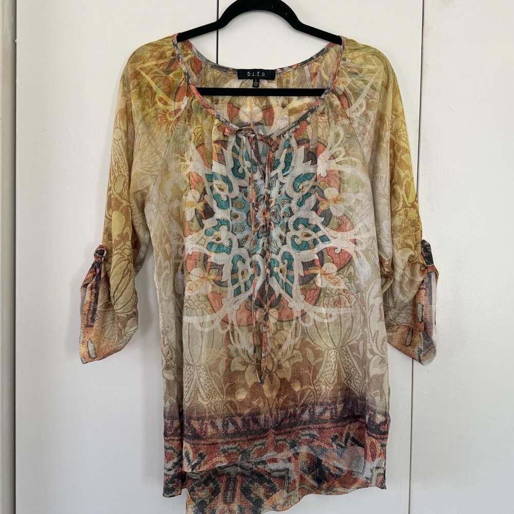 Boho Paisley Floral Embellished 3/4 Sleeve Peasant Blouse Size L
